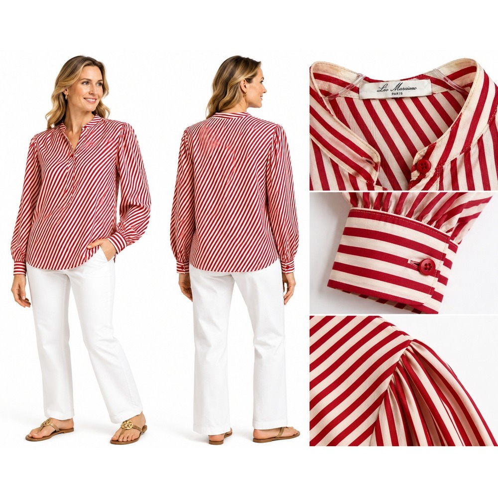 Leo‎ Marciano Top Women 8 Silk Red Striped High Neck Button Front Paris France